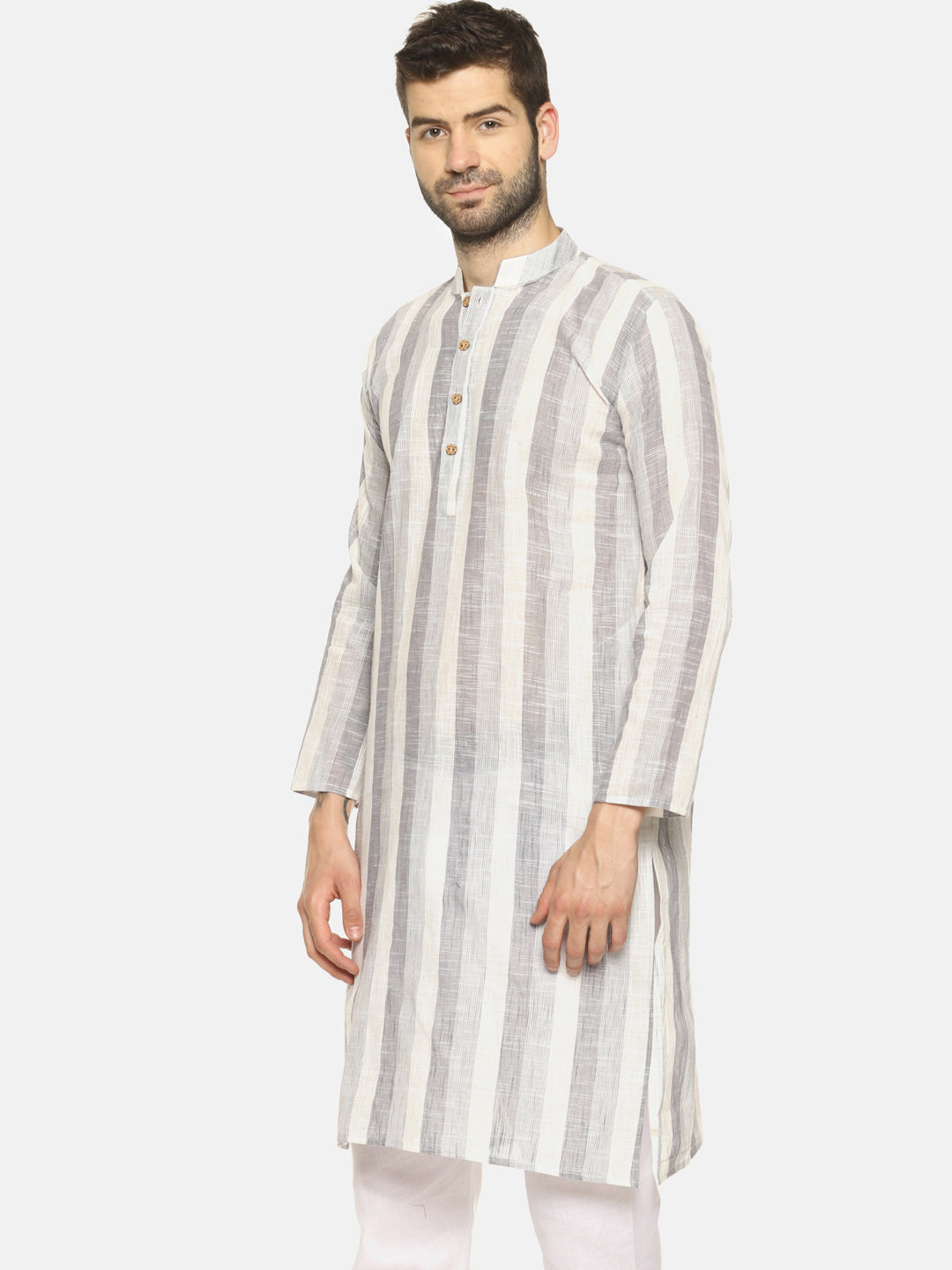PAROKSH Men Grey & Cream-Coloured Striped Straight Kurta