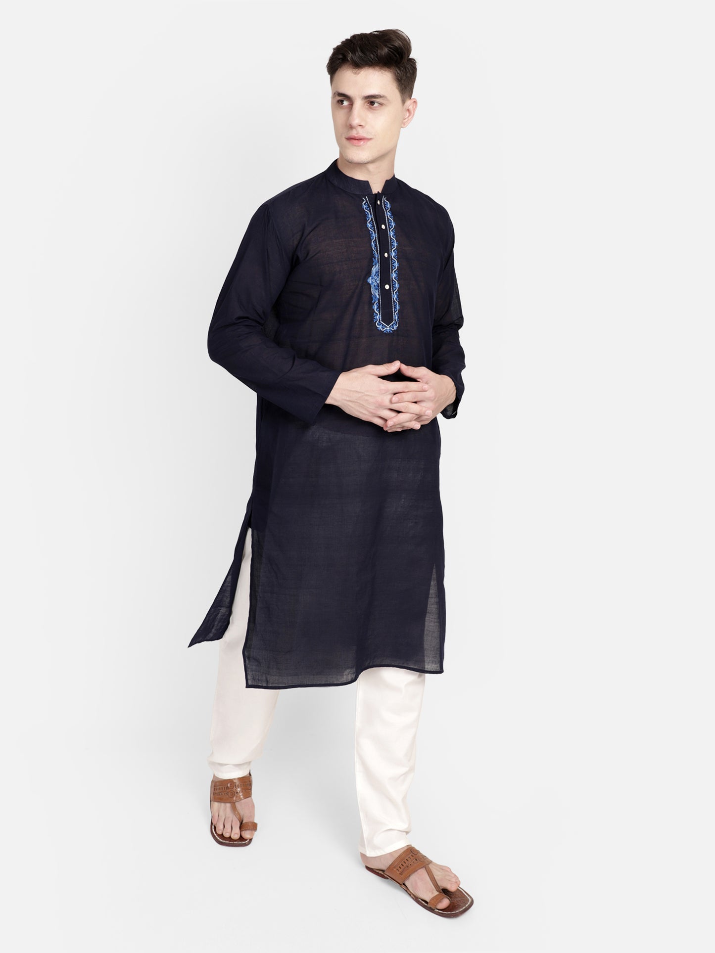 PAROKSH Men Navy Blue & White Embroidery long Kurta
