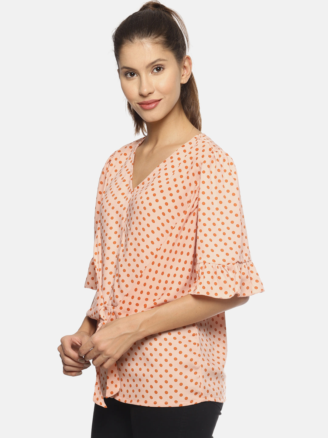 SAHORA Women orange polka dot Printed Top
