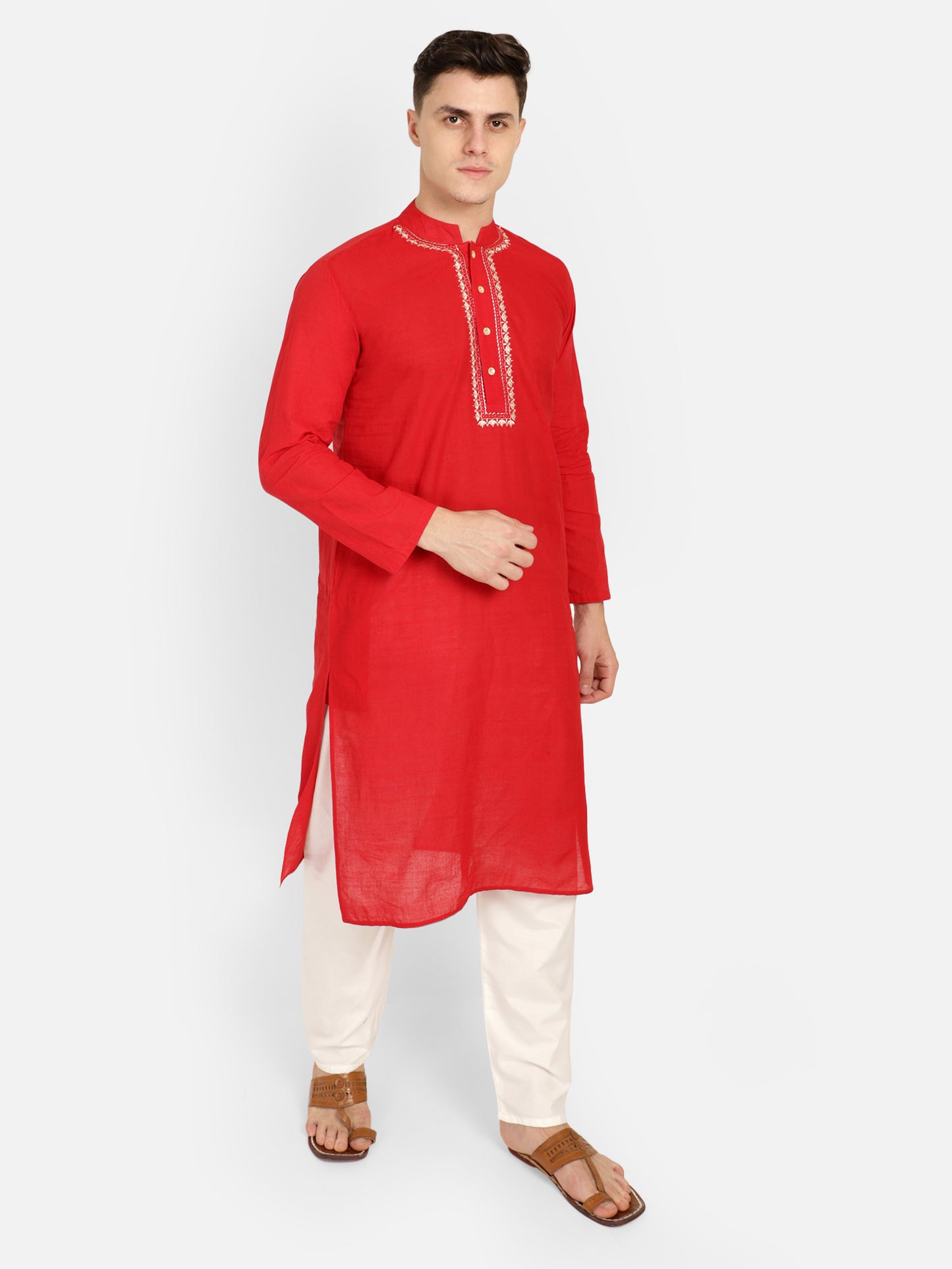 PAROKSH Men Red Embroidery Straight Kurta