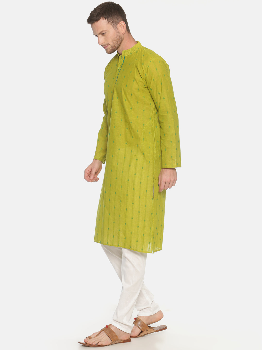 PAROKSH Men light green placket cotton Straight Kurta