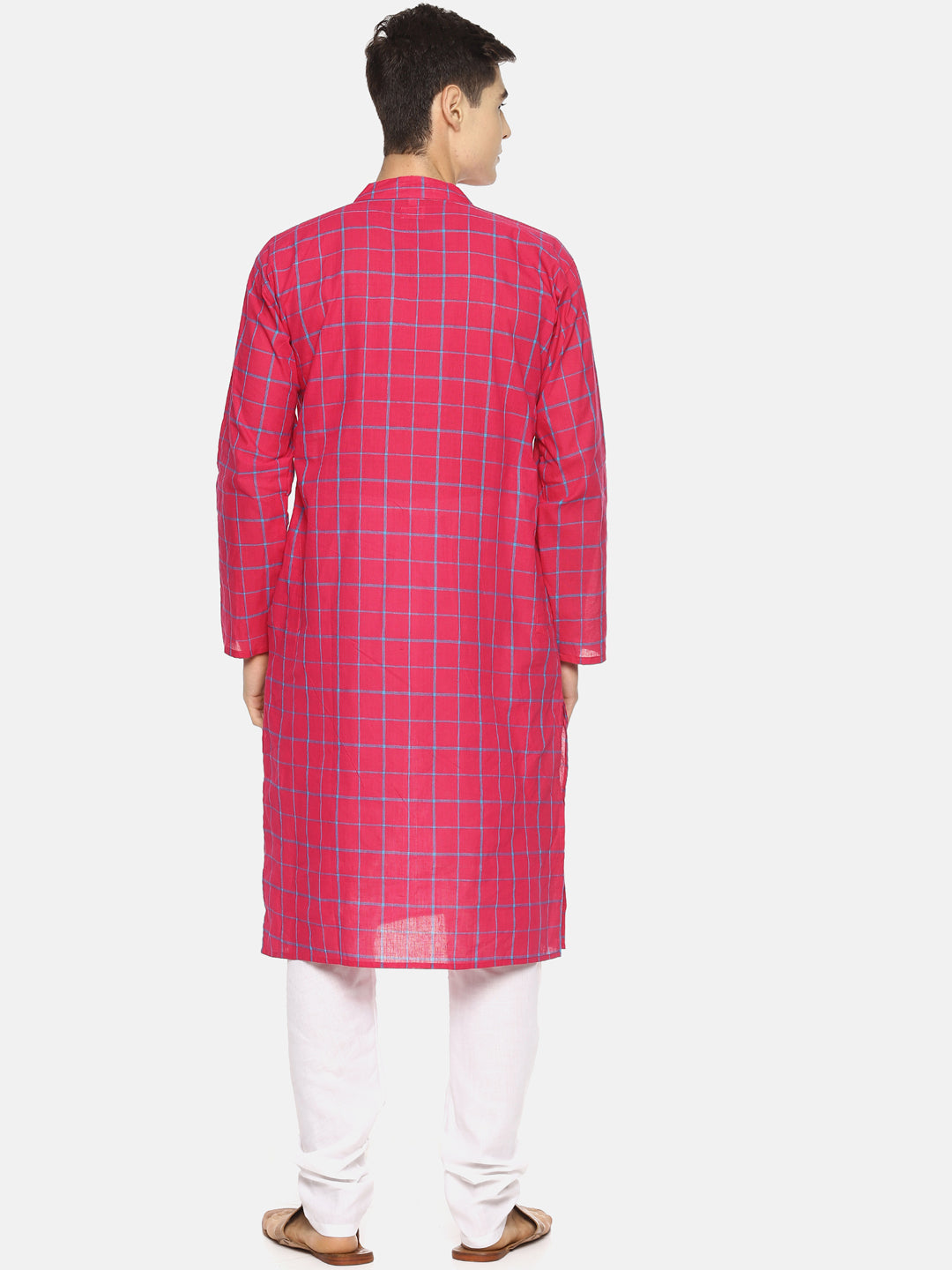 PAROKSH Men pink checkered cotton Straight Kurta