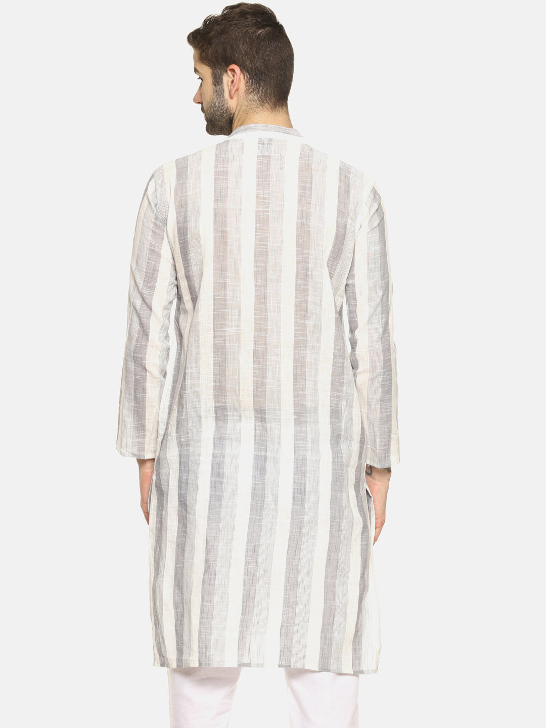 PAROKSH Men Grey & Cream-Coloured Striped Straight Kurta