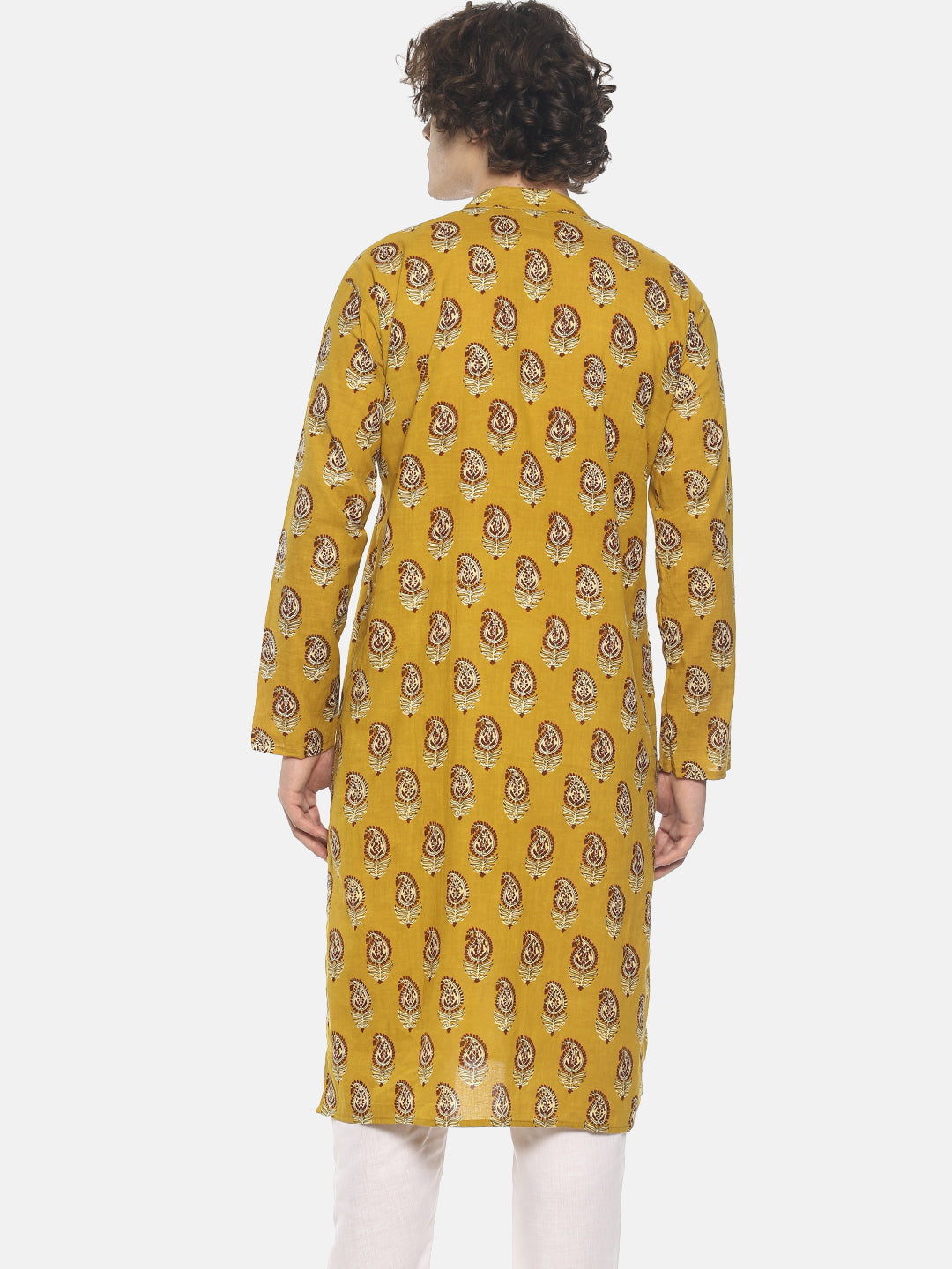PAROKSH Men Mustard yellow cotton block print Straight Kurta