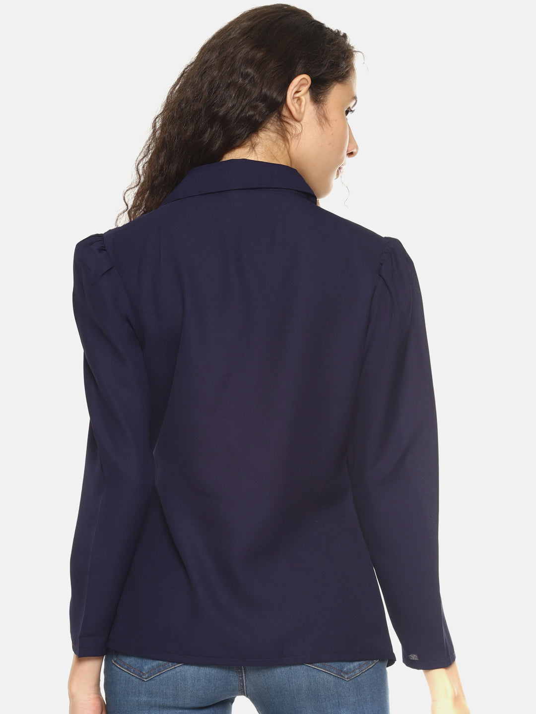 SAHORA Women blue belted solid collar shirt