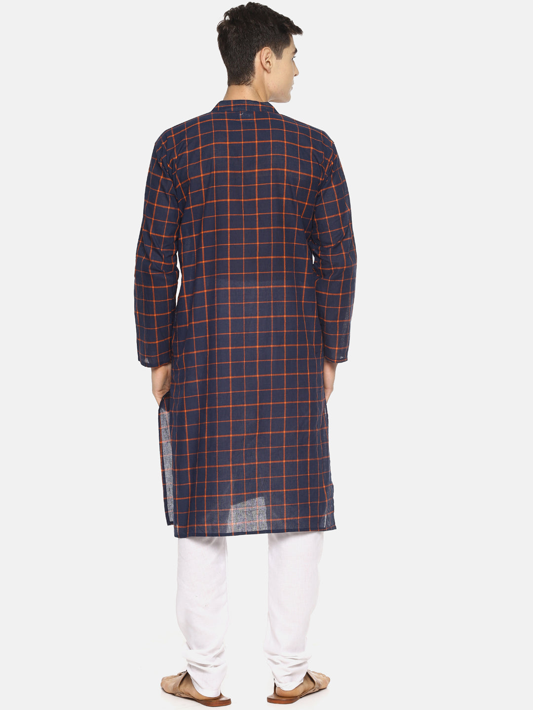 PAROKSH Men blue checkered cotton Straight Kurta