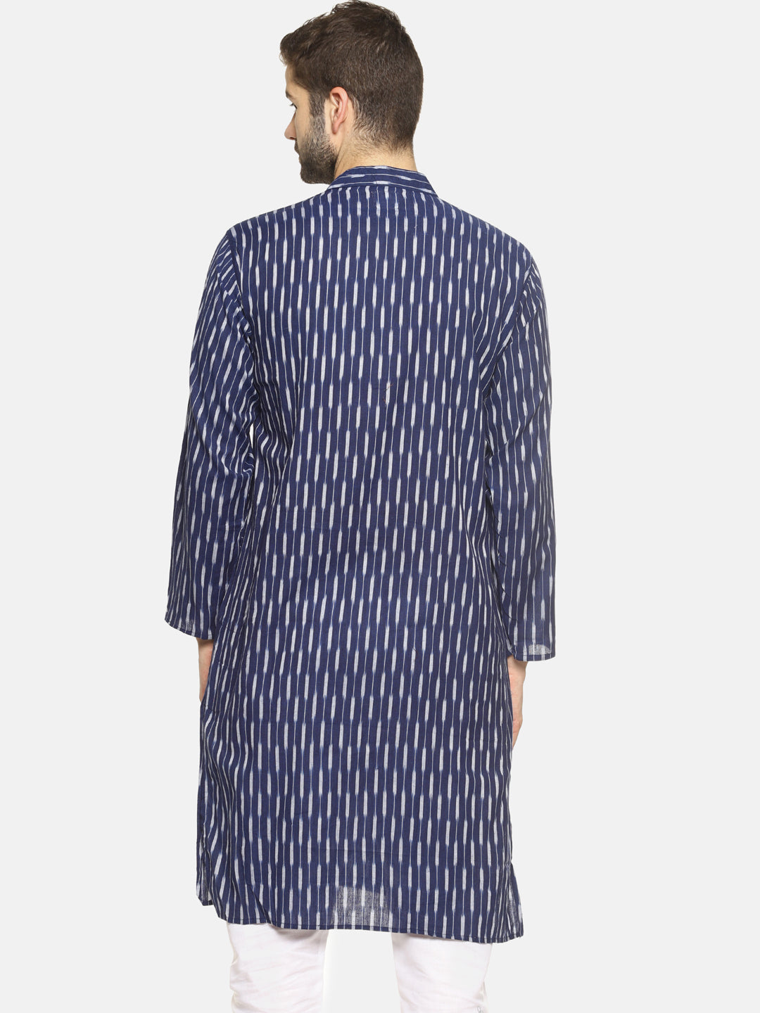 PAROKSH Men Navy Blue Ikat Striped Straight Kurta