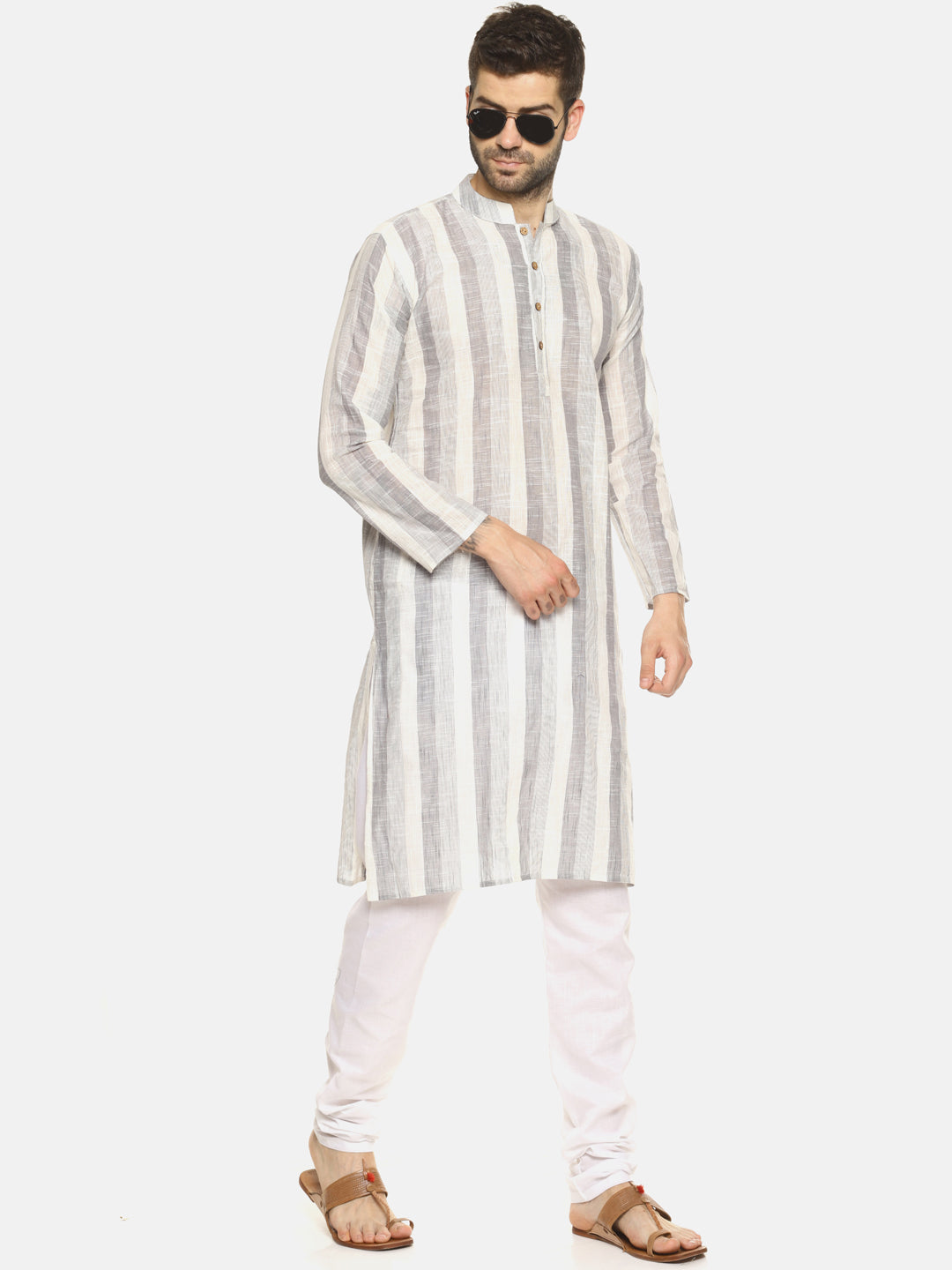 PAROKSH Men Grey & Cream-Coloured Striped Straight Kurta