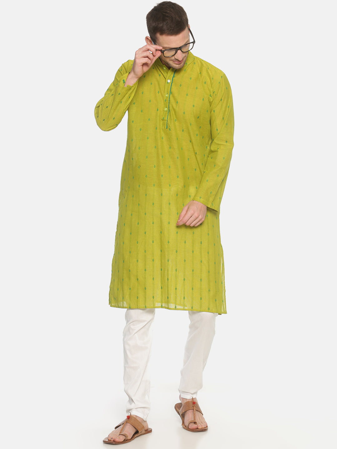 PAROKSH Men light green placket cotton Straight Kurta