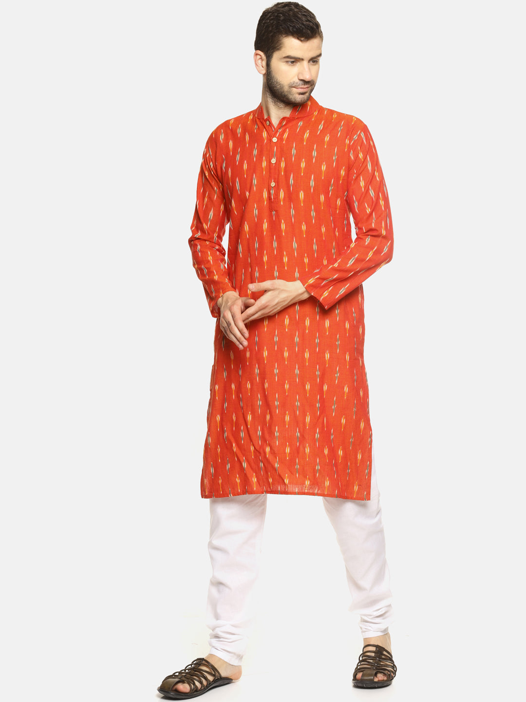 PAROKSH Men orange woven Ikat handloom Straight Kurta