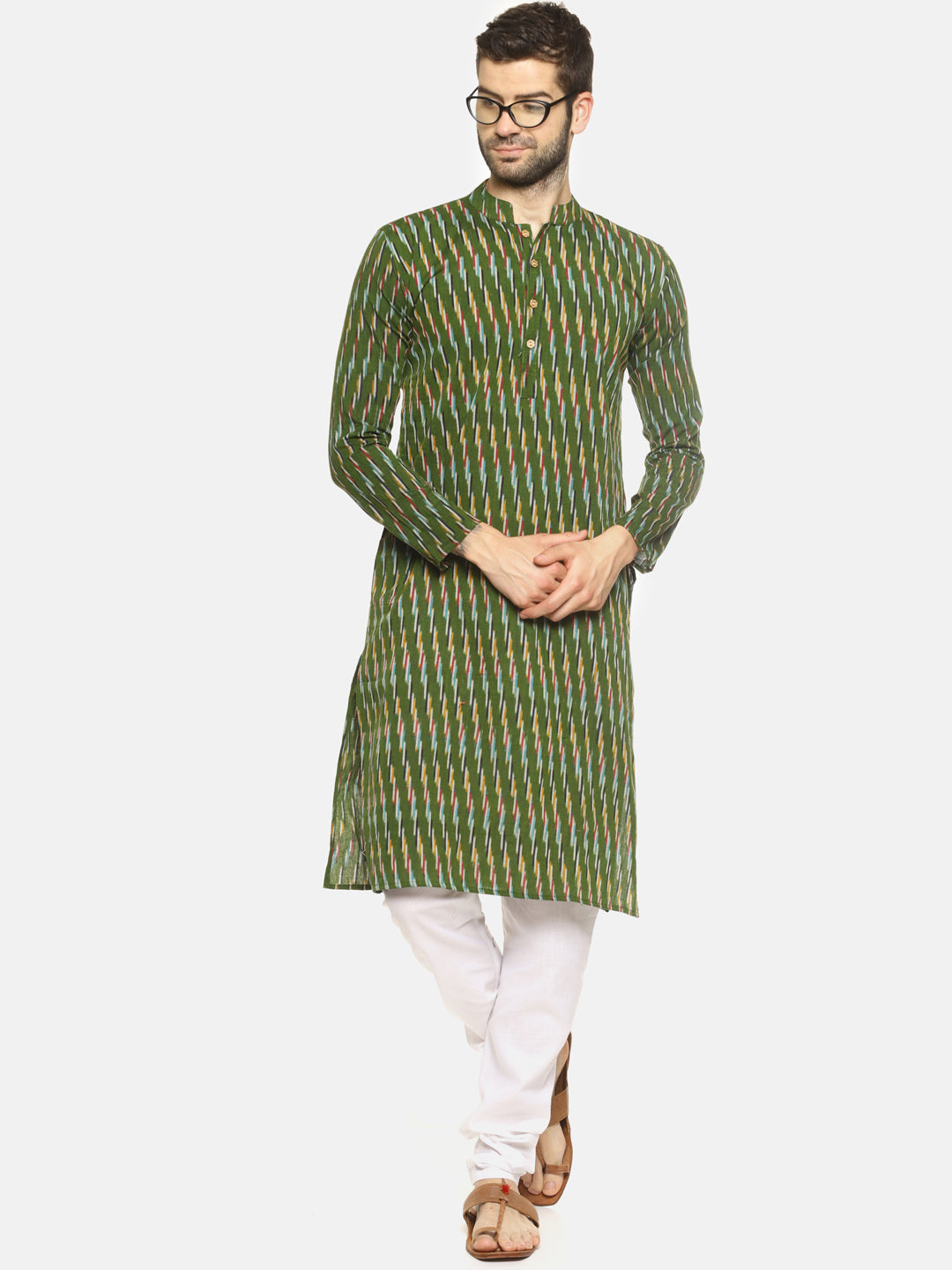 PAROKSH Men Green woven Ikat handloom Straight Kurta