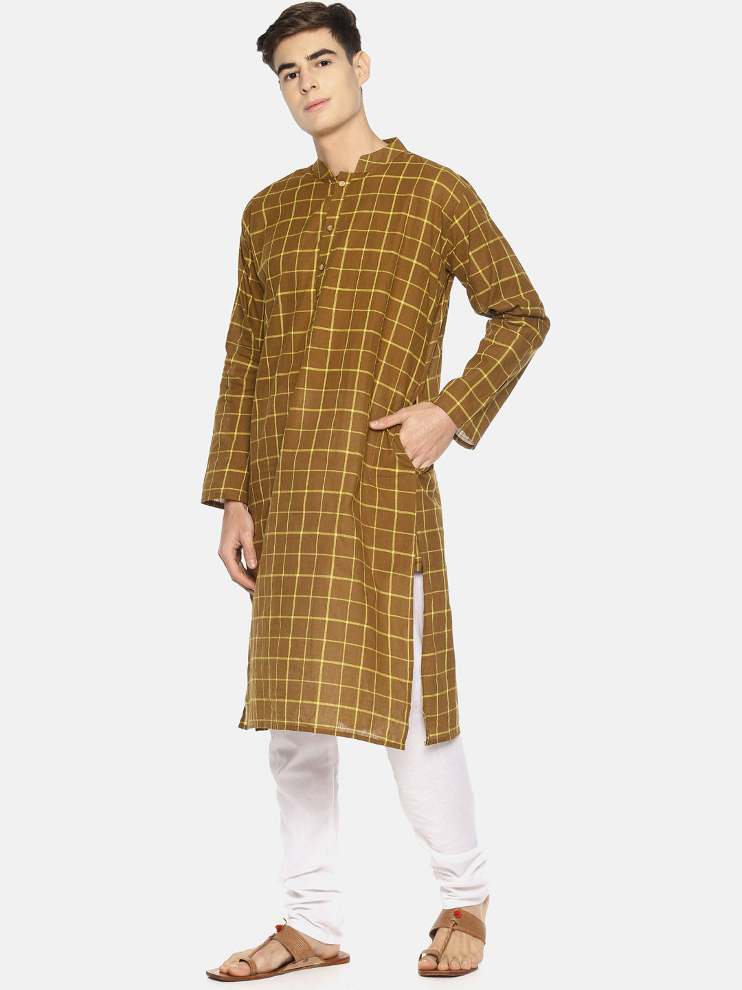 PAROKSH Men olive checkered cotton Straight Kurta