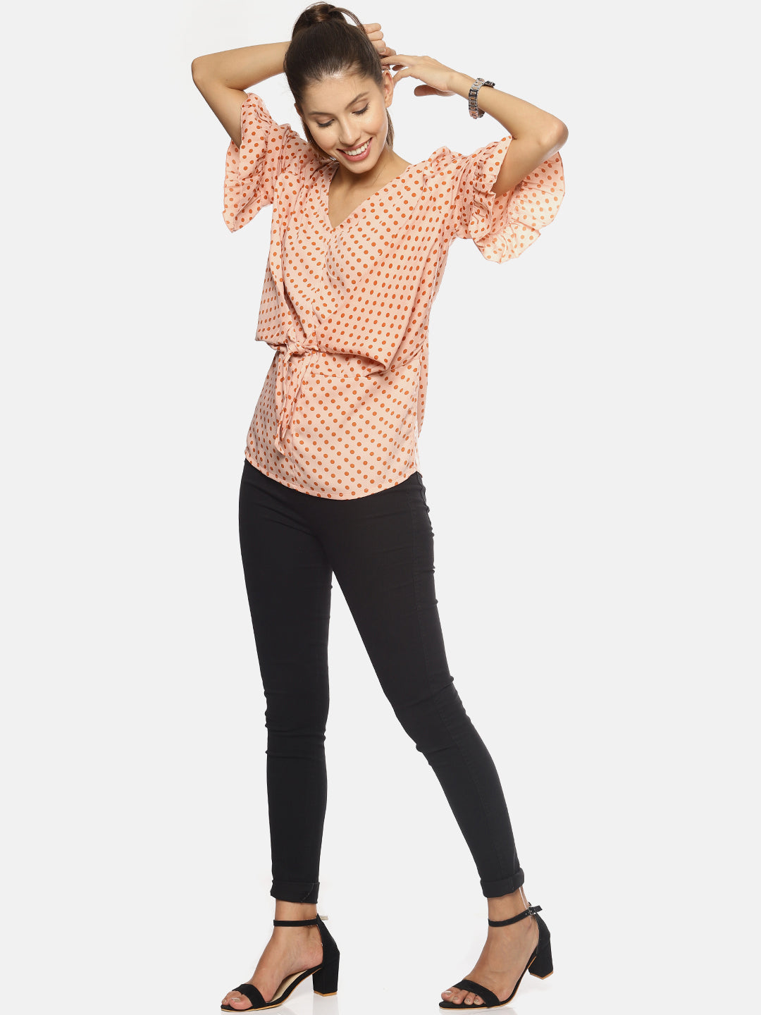 SAHORA Women orange polka dot Printed Top