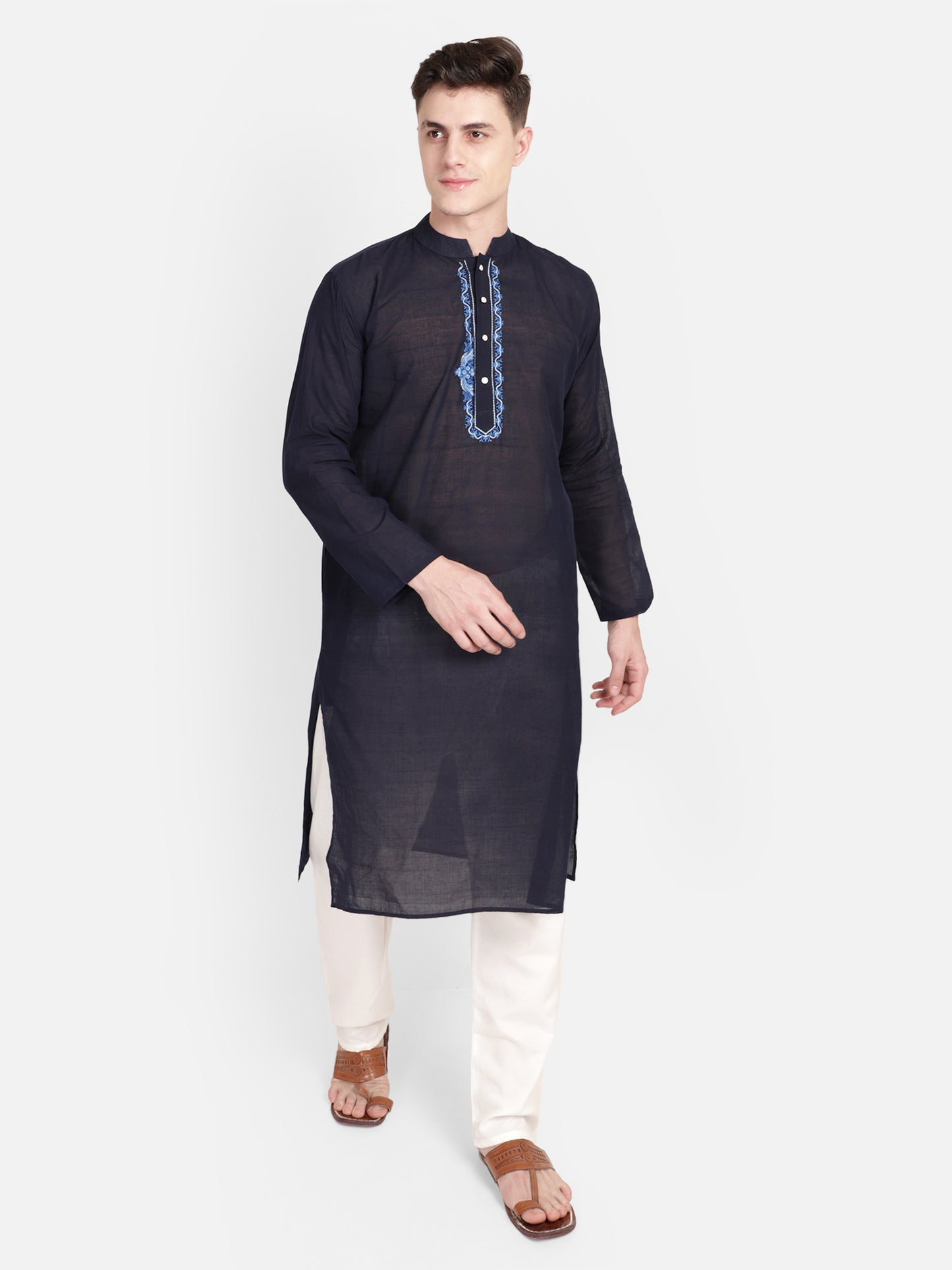 PAROKSH Men Navy Blue & White Embroidery long Kurta