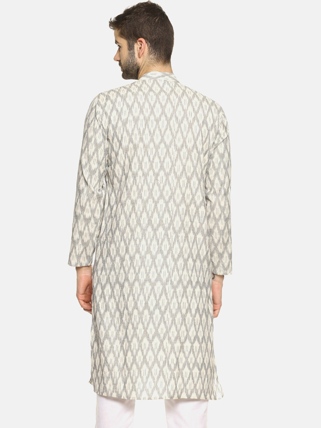 PAROKSH Men Cream-Coloured & Grey Ikat Straight Kurta