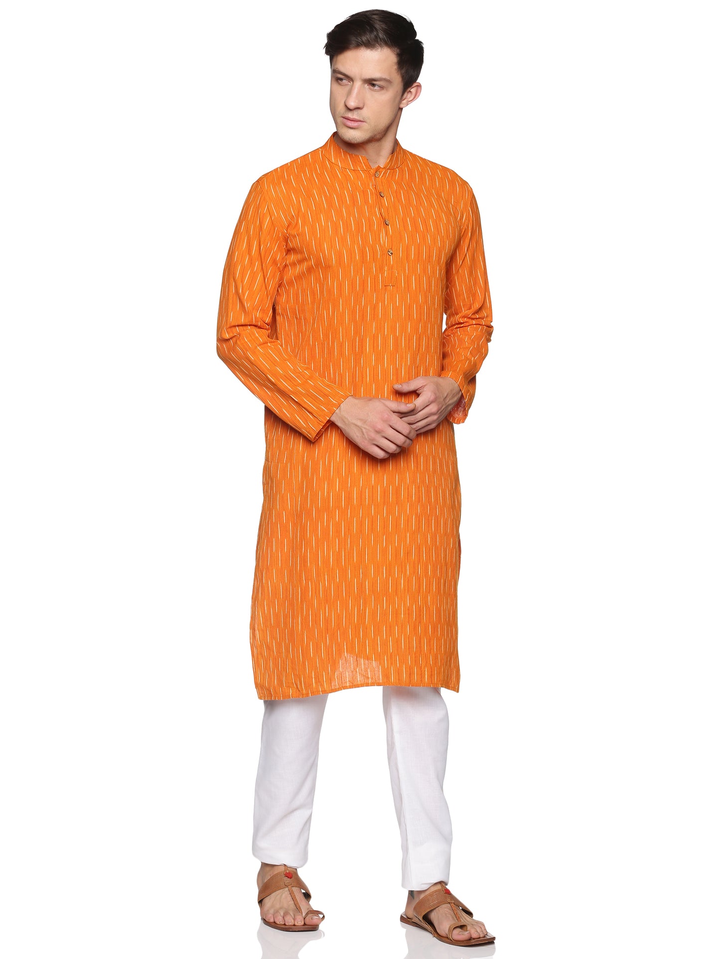 PAROKSH Men Orange & Off White Printed Khadi Handloom Pure Cotton Kurta
