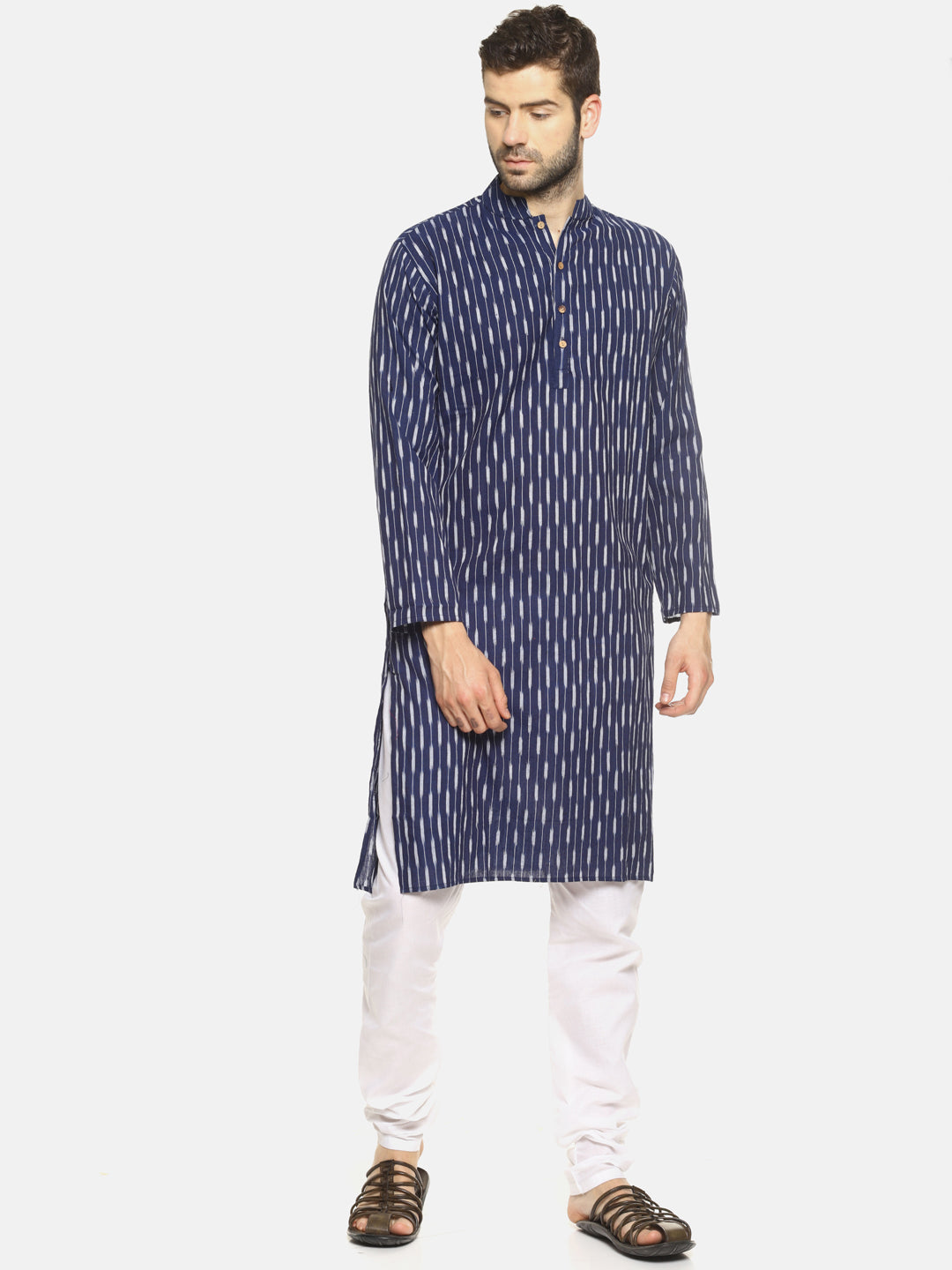 PAROKSH Men Navy Blue Ikat Striped Straight Kurta