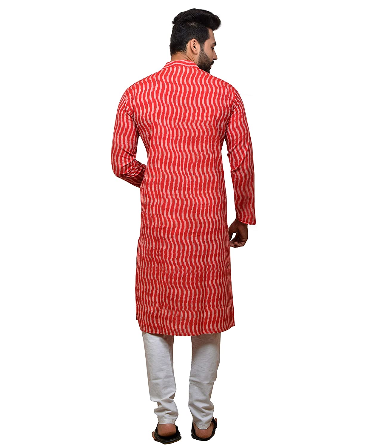 PAROKSH Men's red Ikat Striped Handloom Long Cotton Ethnic Kurta