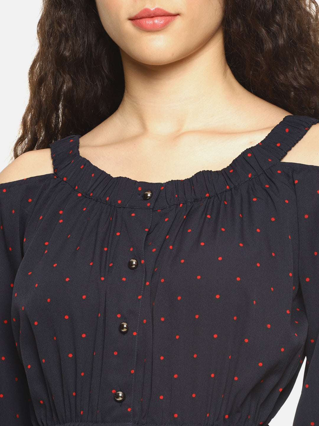 SAHORA Women Navy Blue Polka Dots Print Cinched Waist Top