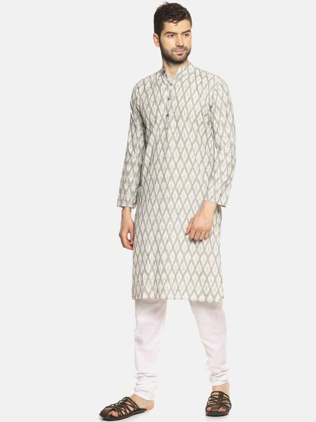 PAROKSH Men Cream-Coloured & Grey Ikat Straight Kurta