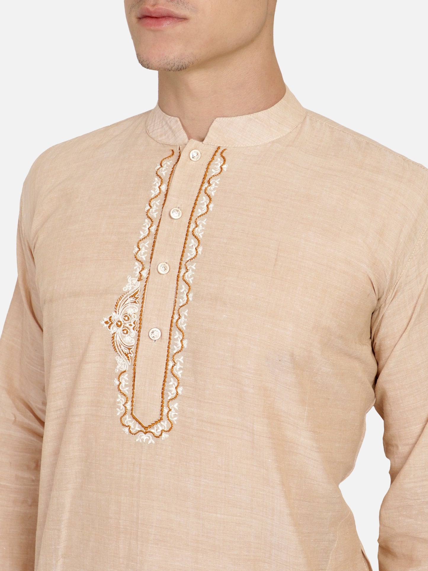 PAROKSH Men Beige Embroidery Straight Kurta