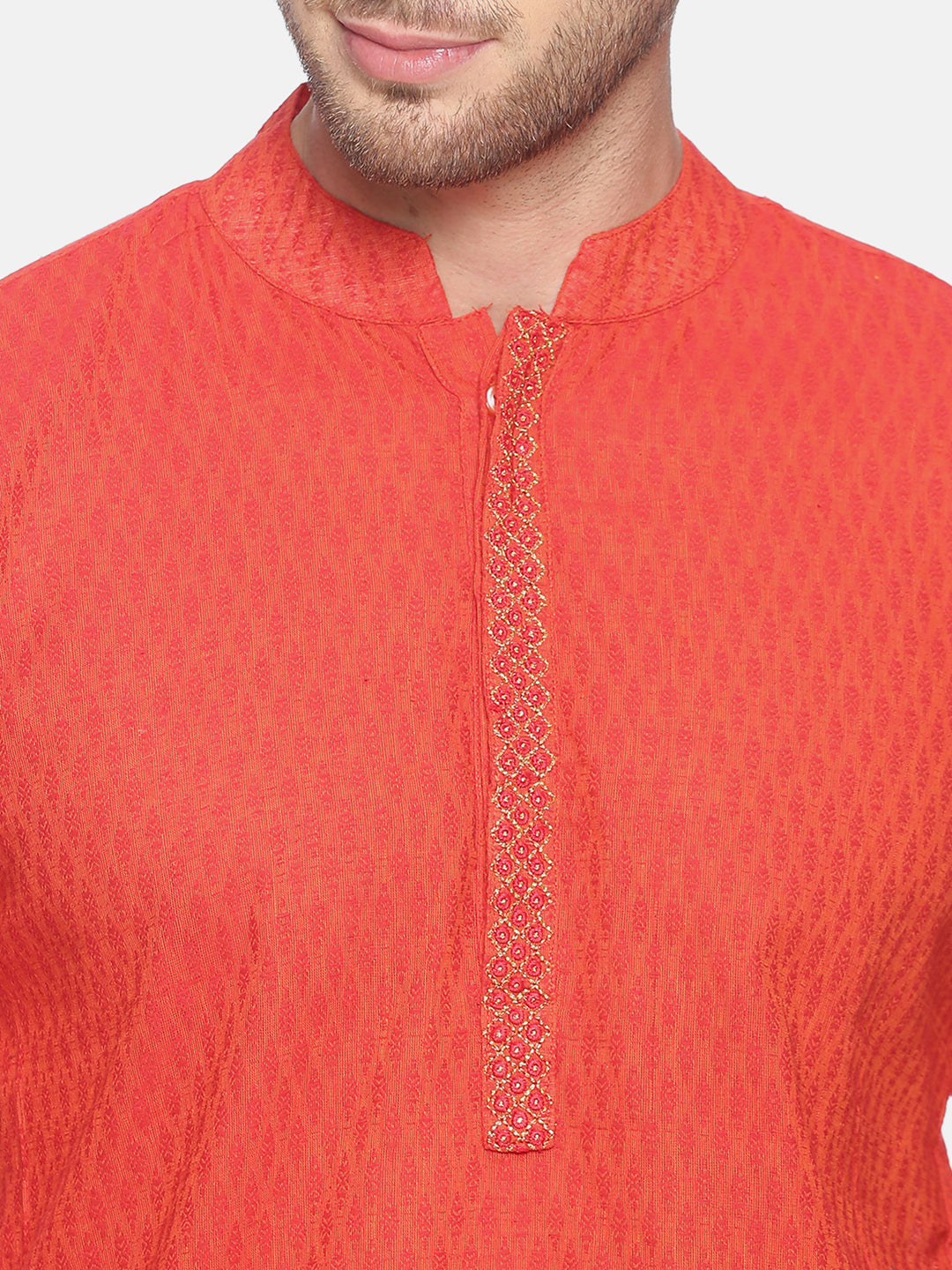 PAROKSH Men Red Geometric cotton Straight Kurta