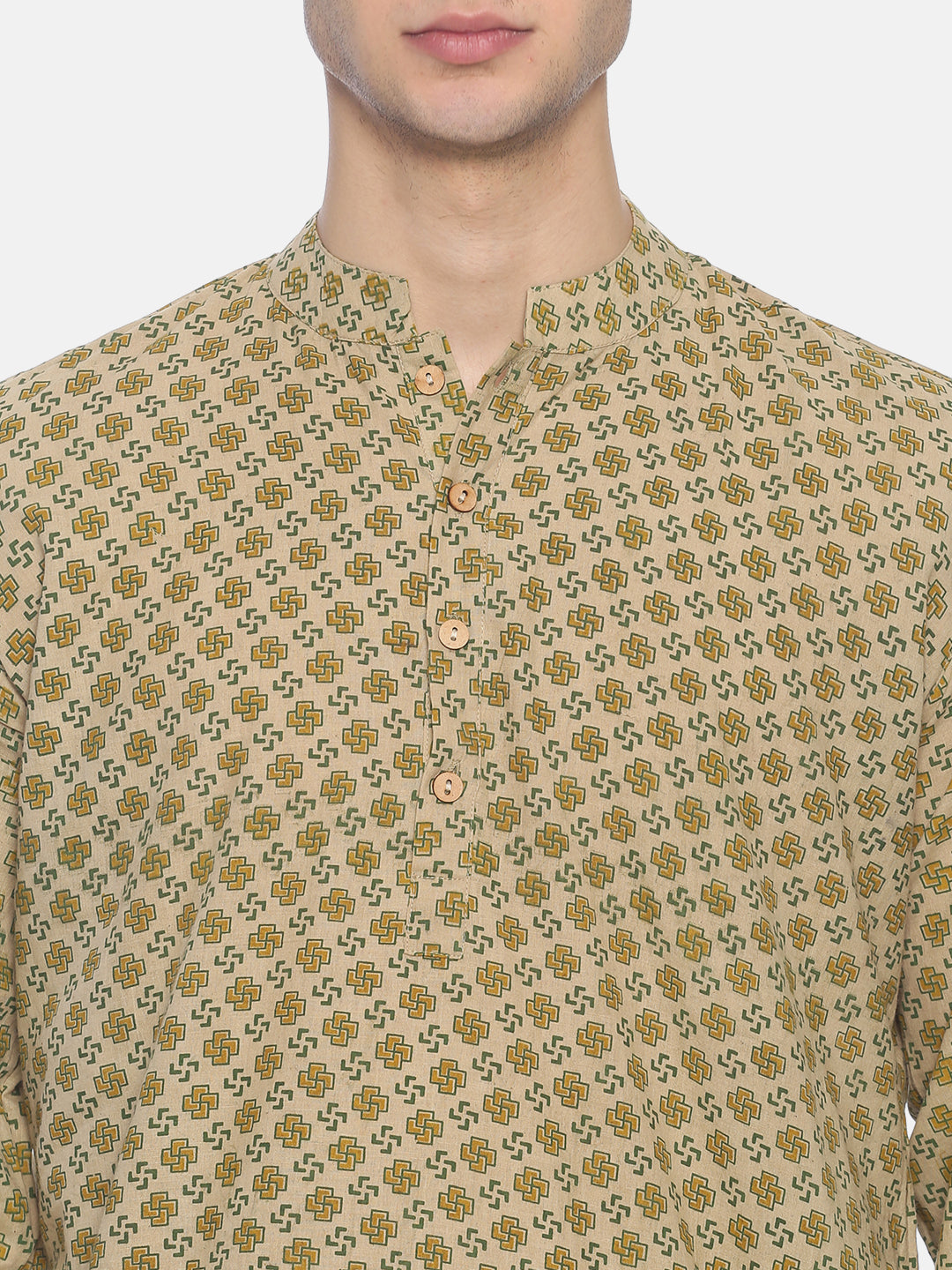 PAROKSH Men Beige & Olive Green Printed Straight Kurta