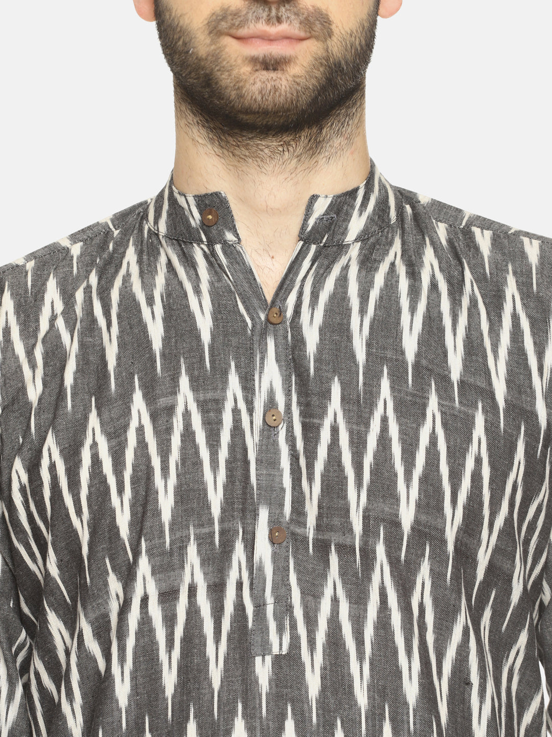 PAROKSH Men's Grey White Chevron Print Woven Cotton Handloom Long Straight Ethnic Kurta