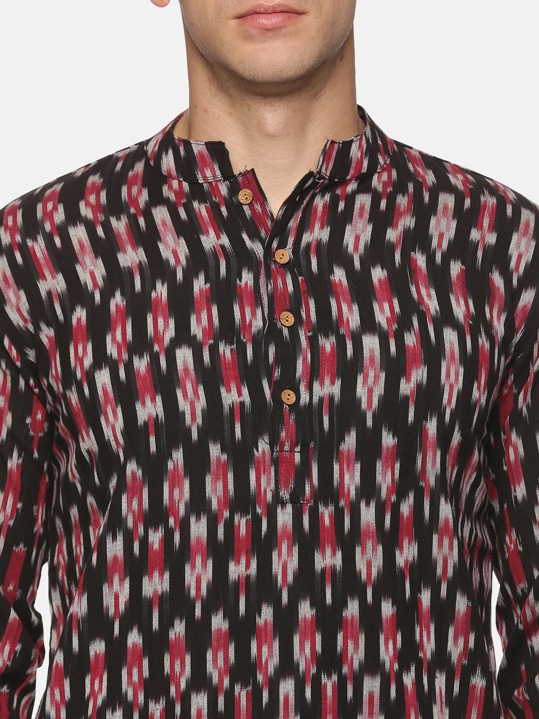PAROKSH Men's Black Maroon Ikat Woven Handloom Long Cotton Ethnic Kurta