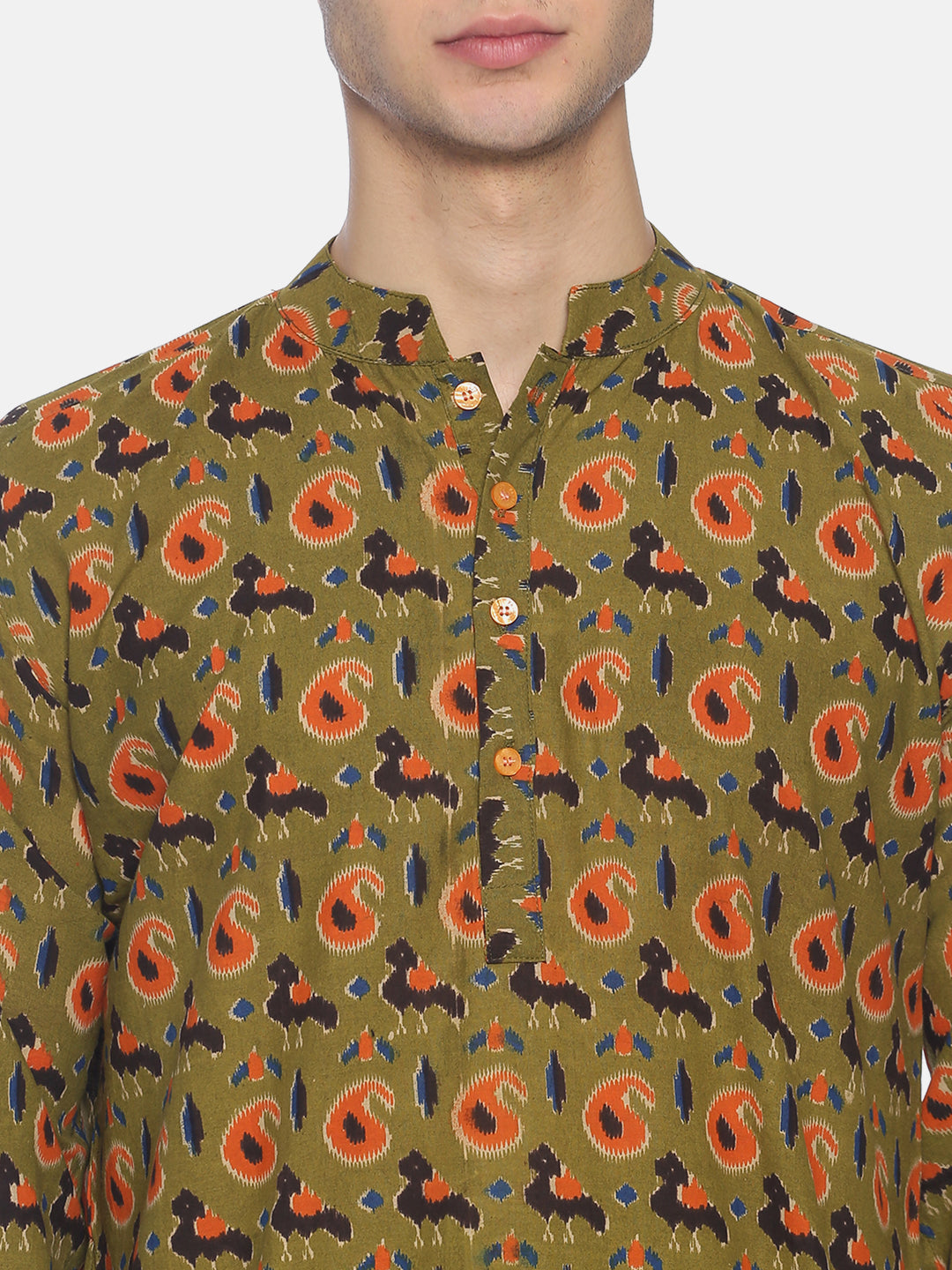 PAROKSH Men Olive Green & Orange Printed Straight Kurta