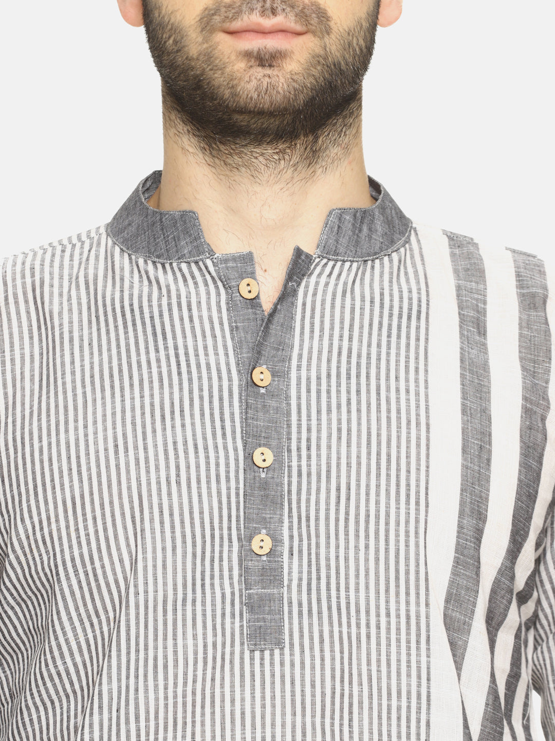 PAROKSH Men grey line detail cotton Straight Kurta
