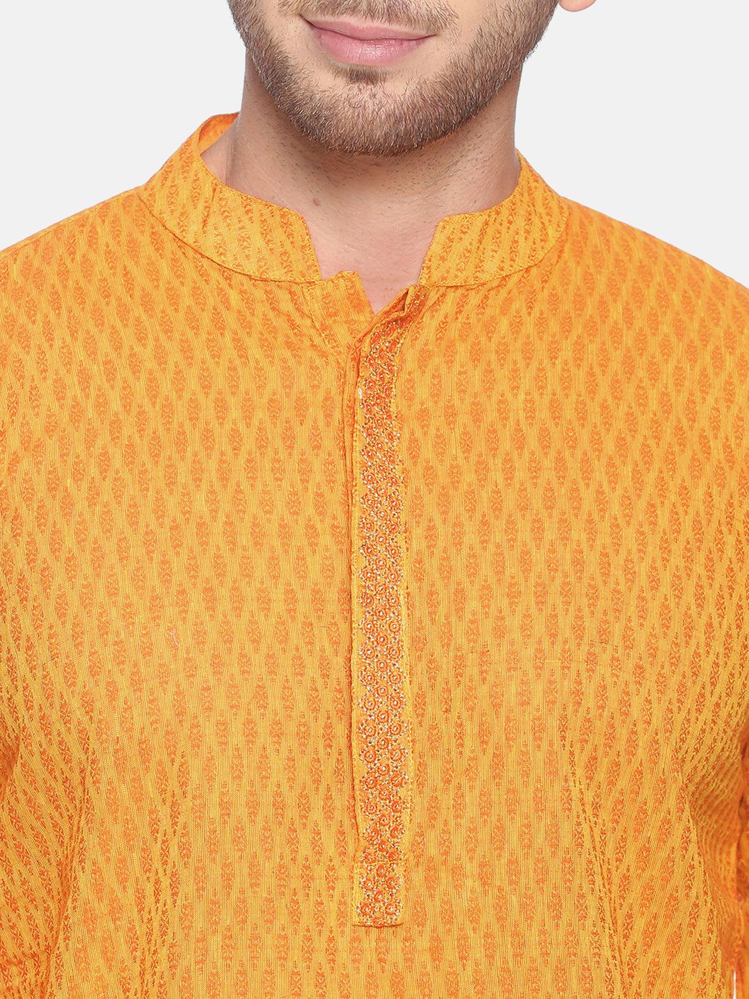 PAROKSH Men Yellow Geometric Dobby Border cotton Straight Kurta