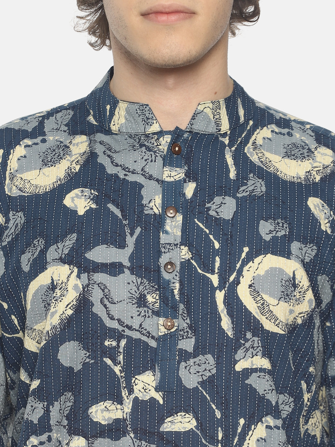 PAROKSH Men indigo blue floral cotton block print Straight Kurta