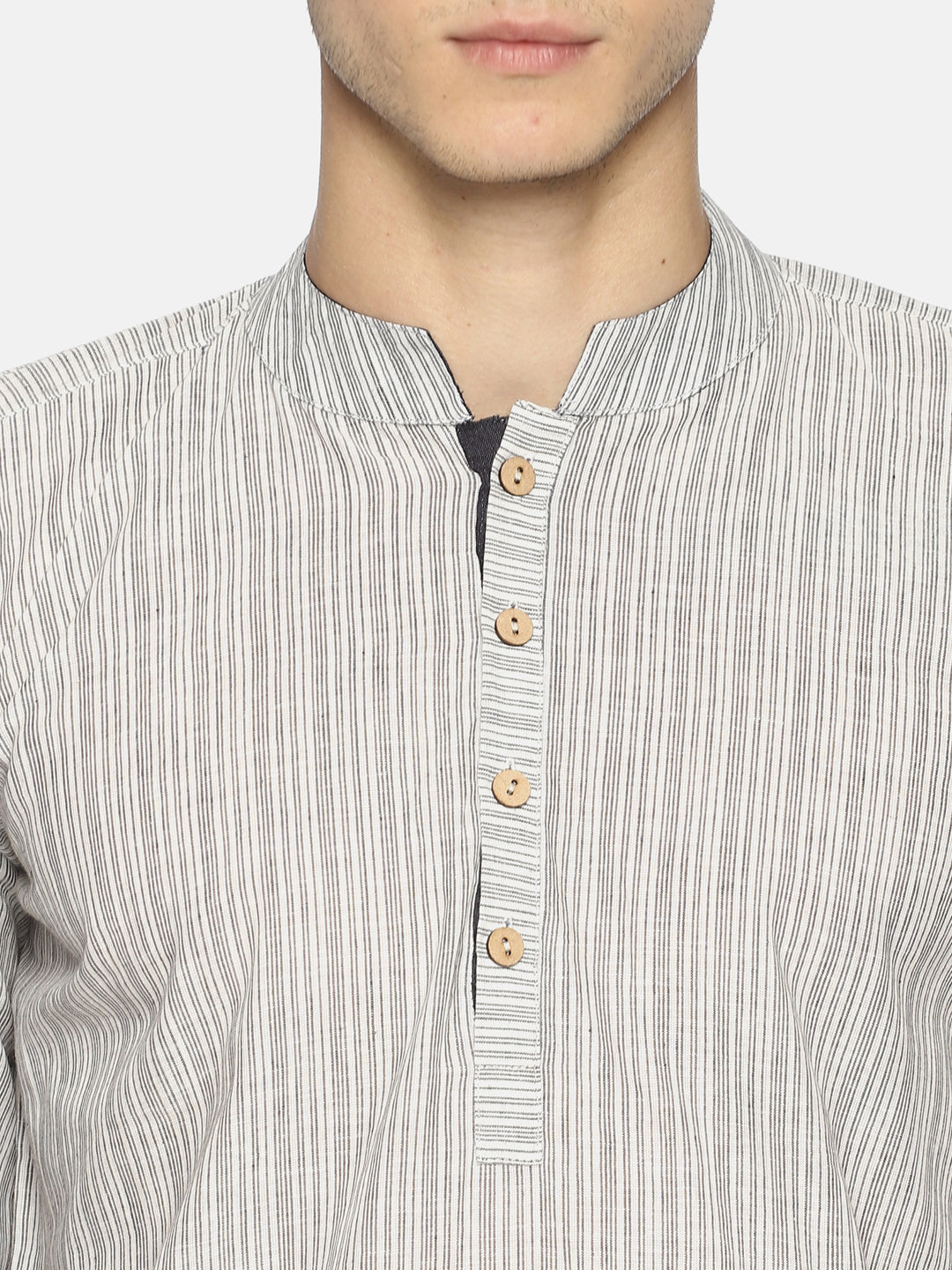 PAROKSH Men white line detail cotton Straight Kurta