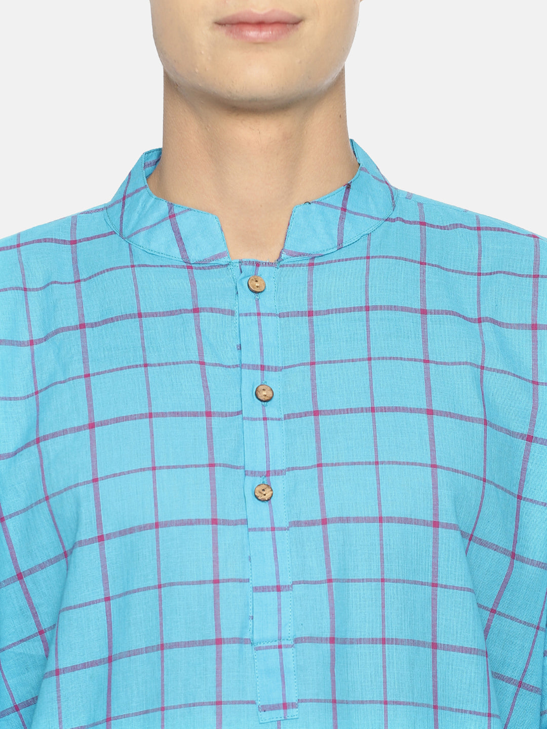 PAROKSH Men sky blue checkered cotton Straight Kurta