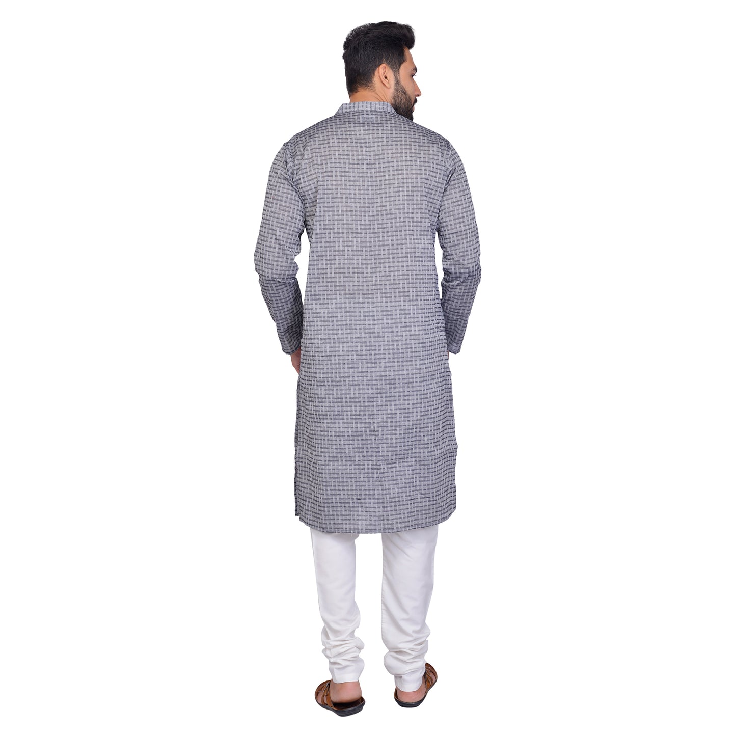 PAROKSH Men checkered charcoal grey cotton Straight Kurta