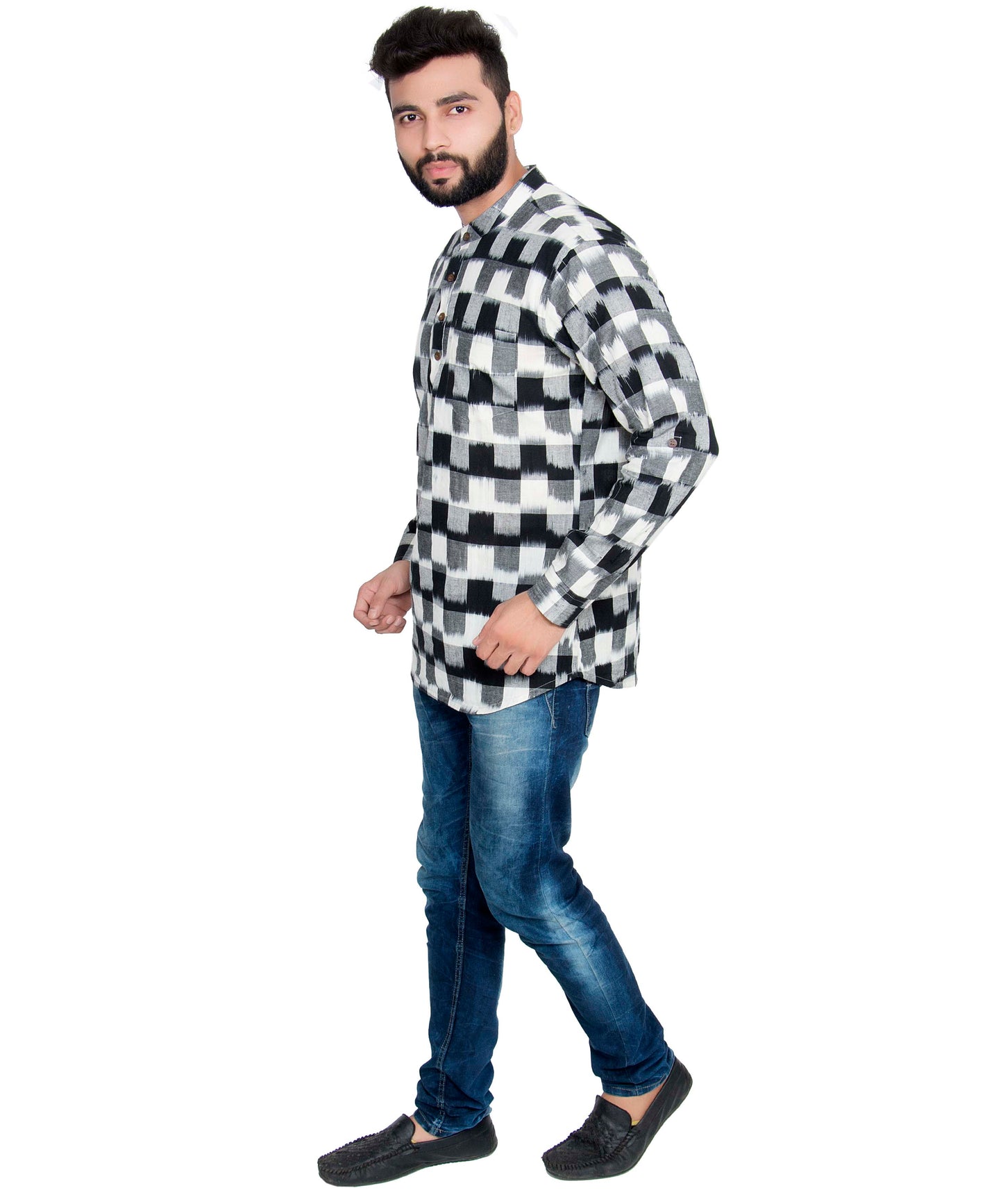PAROKSH Men Solid grey checkered ikat handloom short straight kurta