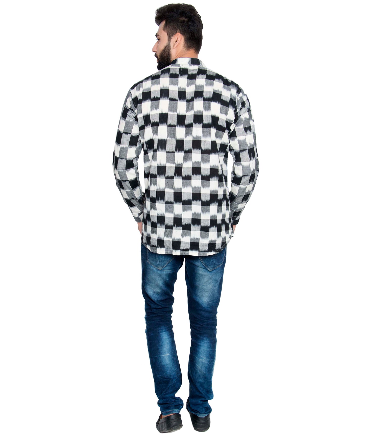 PAROKSH Men Solid grey checkered ikat handloom short straight kurta