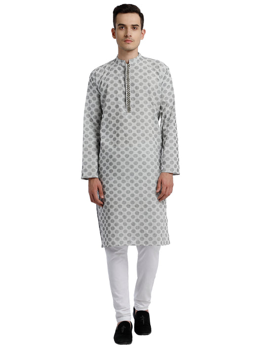 PAROKSH Men White & Beige Woven Design Cotton Thread Work Handloom Kurta