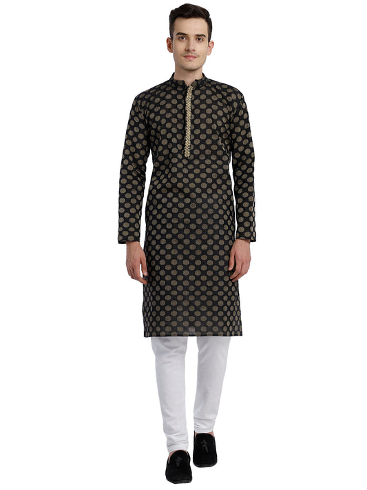 PAROKSH Men Black & Beige Woven Design Cotton Thread Work Handloom Kurta