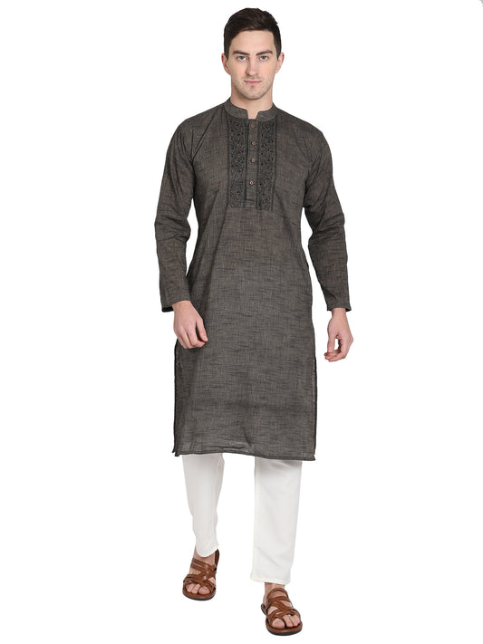 PAROKSH Men's Brown mangalgiri Handloom Cotton Straight Embroidered Long Ethnic Kurta