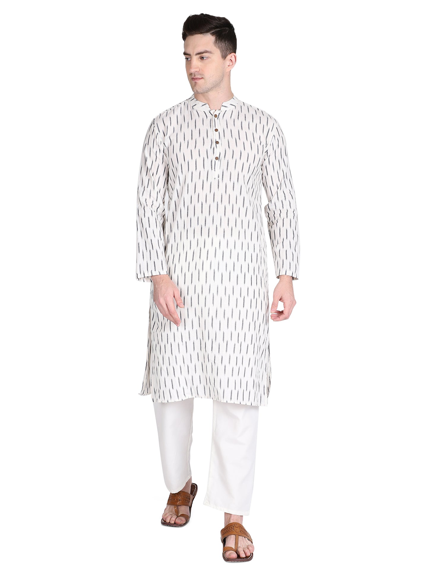 PAROKSH Men White & Grey Ikat Woven Design Straight Kurta