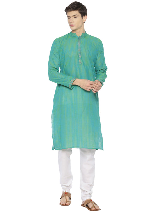PAROKSH Men Sea Green & Yellow Woven Design Straight Kurta