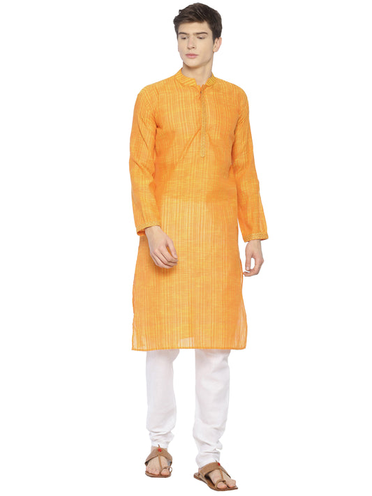 PAROKSH Men's Embroidered Orange Handloom Long Cotton Ethnic Kurta
