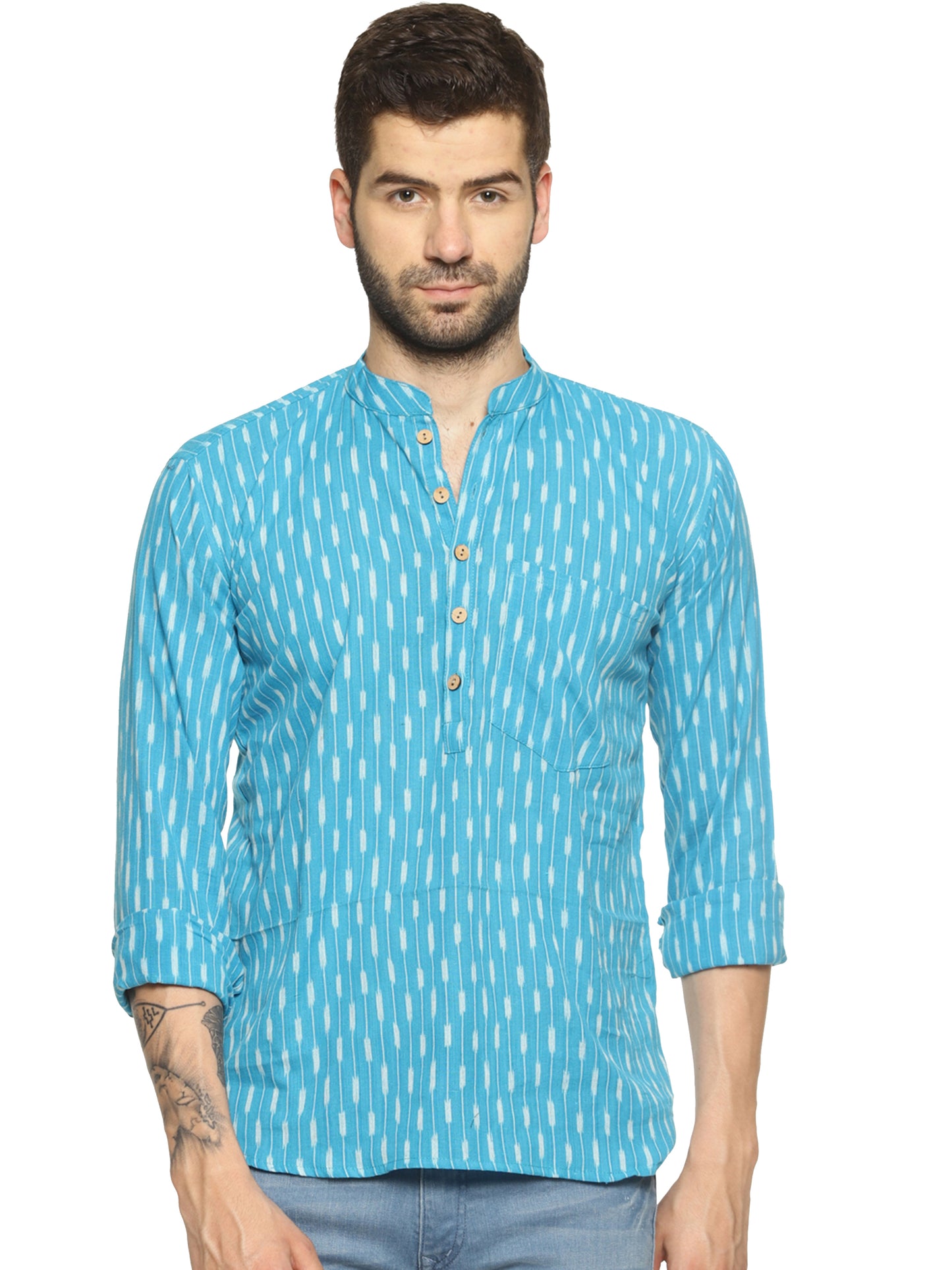 PAROKSH Men Blue Ikat Woven Design Straight Kurta