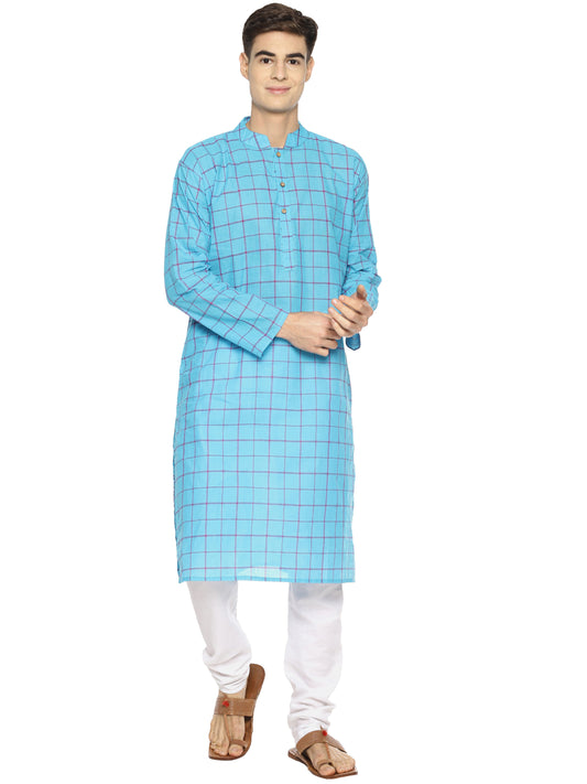 PAROKSH Men Blue Checked Cotton Straight Kurta