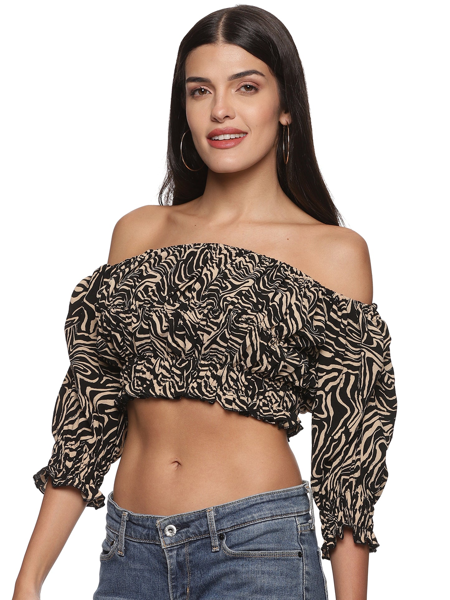 SAHORA Cream Off-Shoulder Crepe Blouson Crop Top