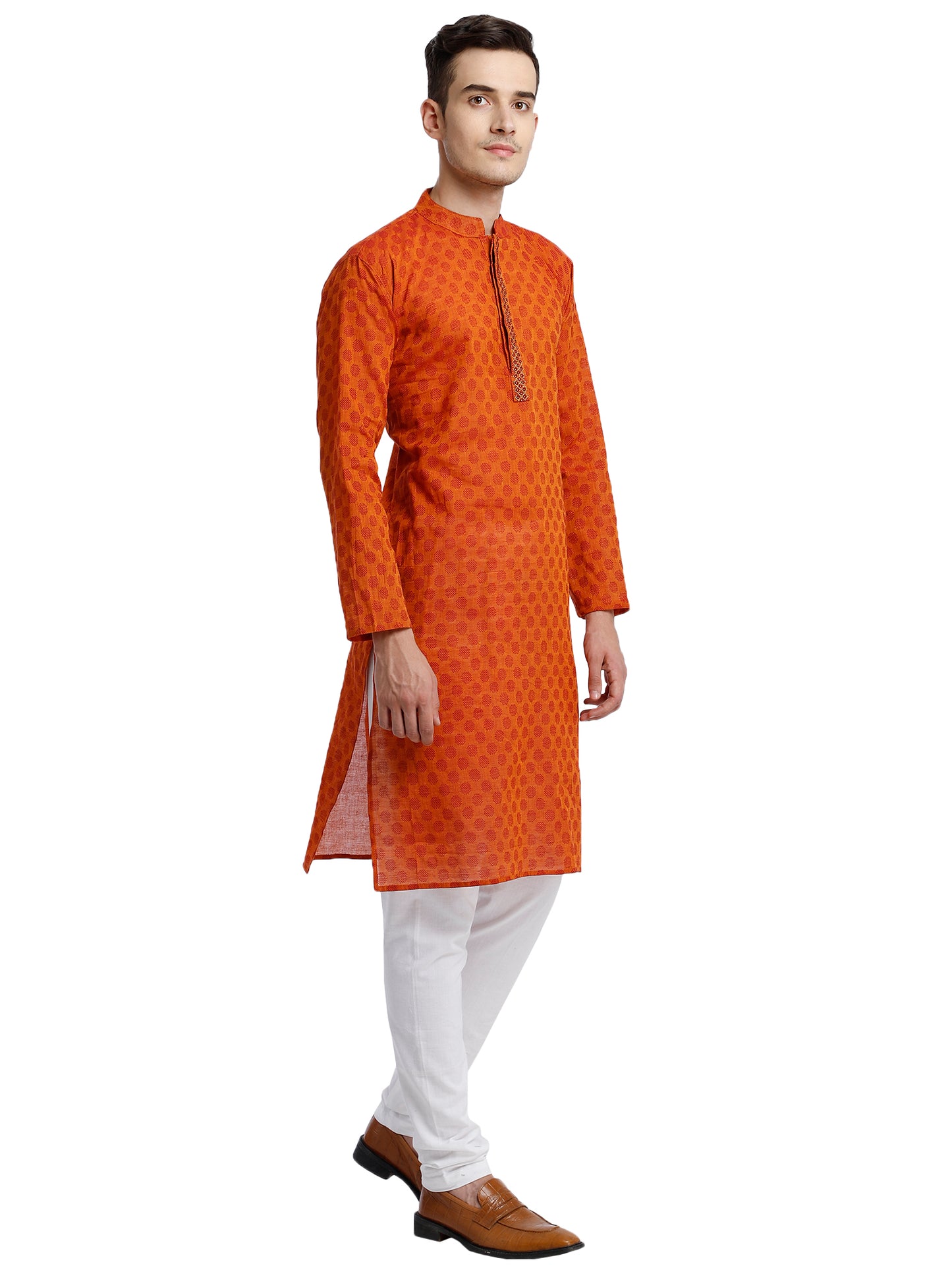 PAROKSH Men Orange & Beige Woven Design Cotton Thread Work Handloom Kurta