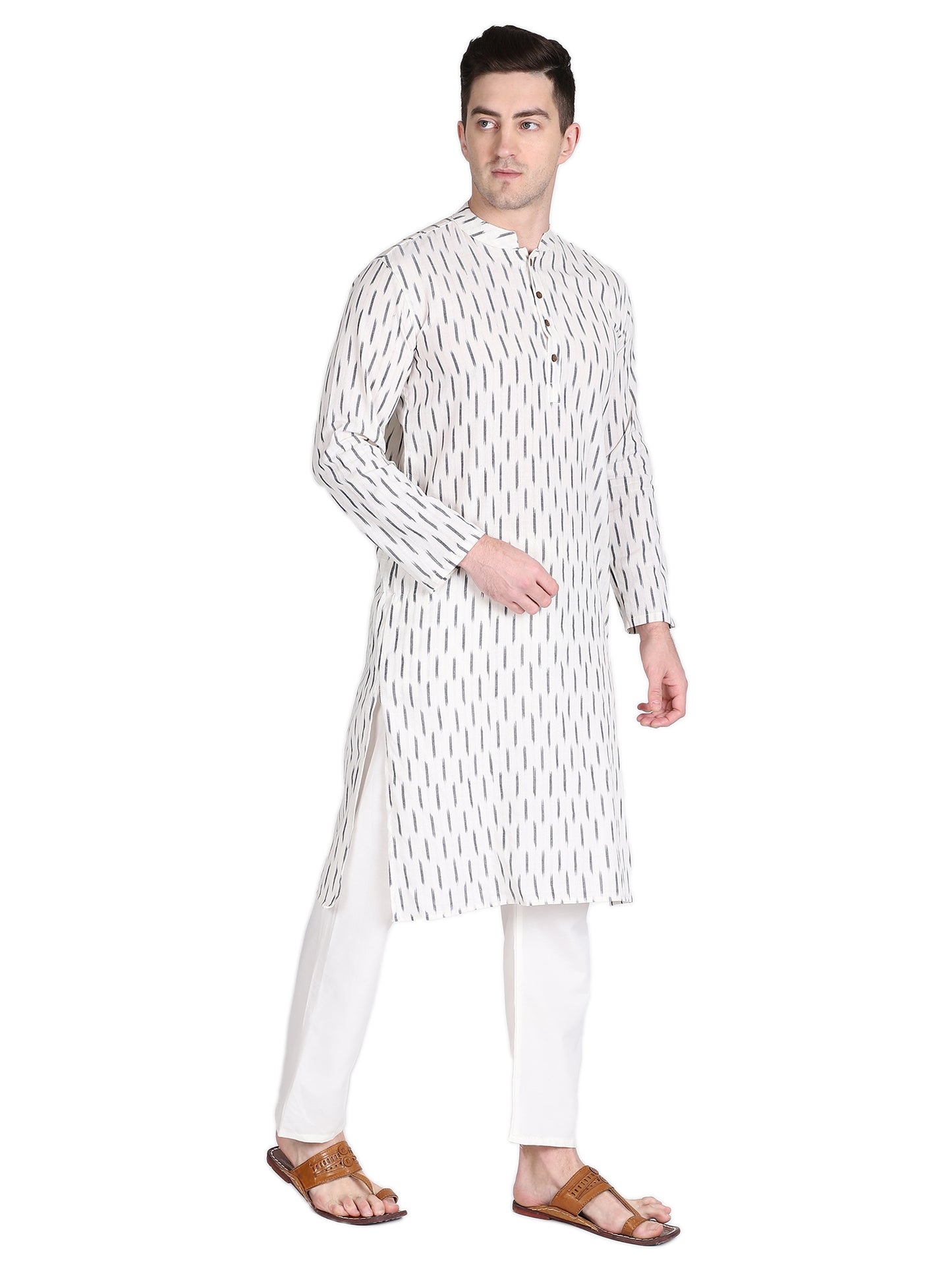 PAROKSH Men White & Grey Ikat Woven Design Straight Kurta