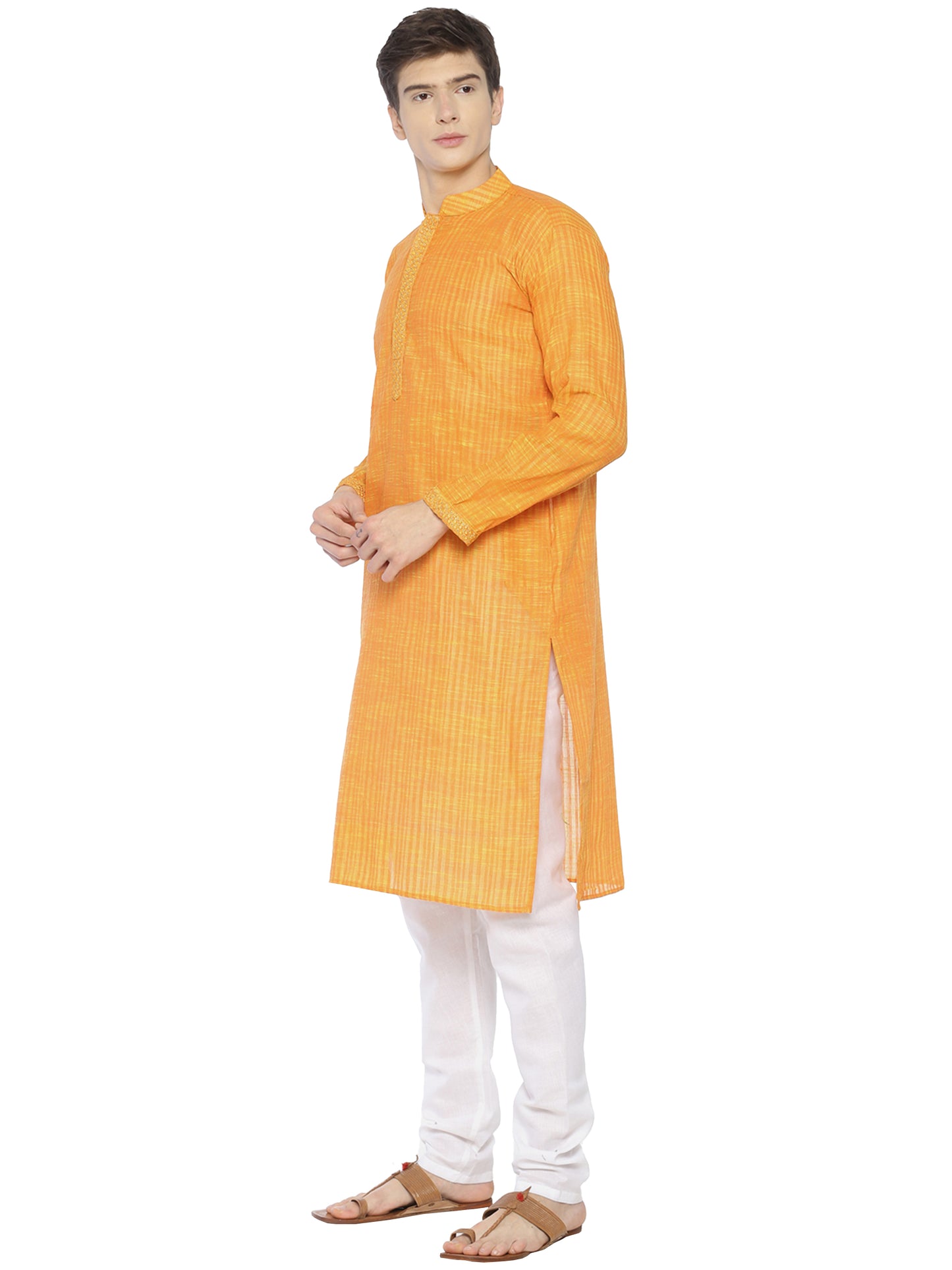 PAROKSH Men's Embroidered Orange Handloom Long Cotton Ethnic Kurta
